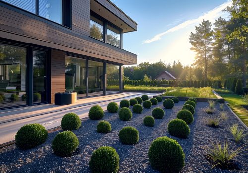 A suburban house with a Scandinavian design, featuring clean lines, large windows, and a minimalist garden with neatly arranged gravel and evergreen plants, captured on a crisp, sunny morning,